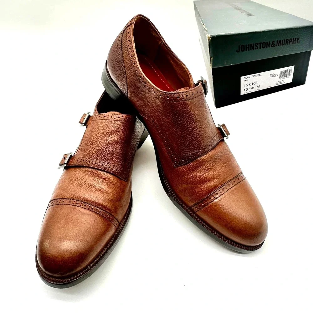Johnston & Murphy Clayton 28KL Double Monk Strap Shoes 10.5M – Tan Leather & Box